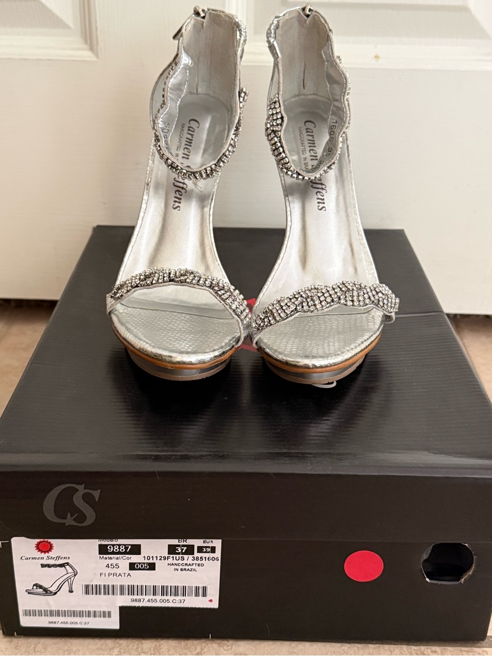 Carmen Steffens Silver Crystal Ankle-Strap Heels